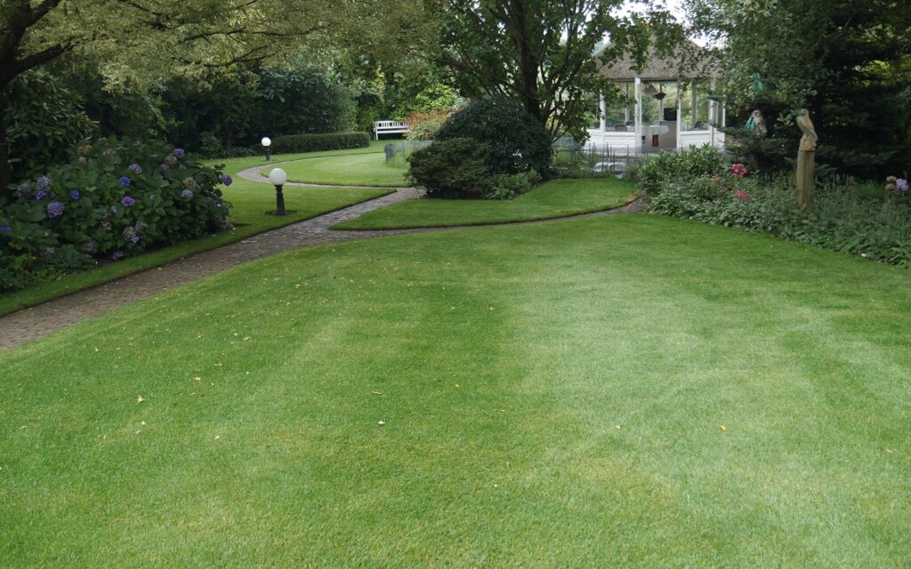 Mehrere Stücke Rollrasen welche am Rand abgerundet sind, damit ein geschwungener Weg durch den Garten verlaufen kann.
