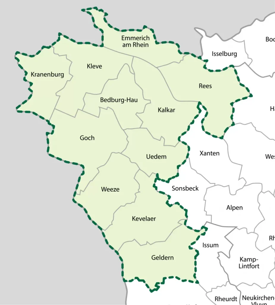 Karte mit Städten und Gemeinden an der holländischen Grenze. In den eingezeichneten Bereich wird Rollrasen geliefert.